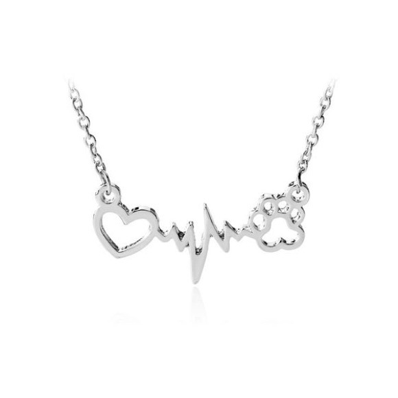 Silver Gold Heartbeat Paw Necklace Dog Cat Lover - Picture 5 of 7